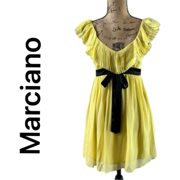 Marciano Dresses & Skirts - Marciano 100% Silk Deep V Neck Mini Dress Yellow Black Satin Tie Waist Size XS